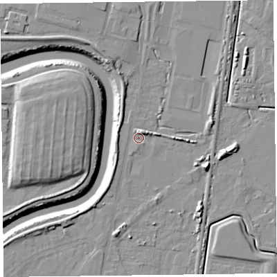 Shaded relief map of the ground around TA64BU, computed from Environment Agency LiDAR. The ground here sits at about 6 m above sea level and falls 11 m across the surrounding 800 m. Surface water reaching this point runs off ground lying to the north-north-east, 3.1 m higher.