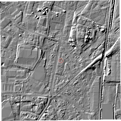 Shaded relief map of the ground around TA64BW, computed from Environment Agency LiDAR. The ground here sits at about 7 m above sea level and falls 7 m across the surrounding 800 m. The ground contributing surface water to this point lies to the south-south-west.