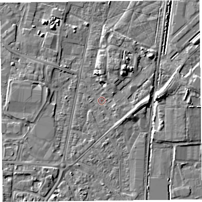 Shaded relief map of the ground around TA64BY, computed from Environment Agency LiDAR. The ground here sits at about 7 m above sea level and falls 7 m across the surrounding 800 m. Surface water reaching this point runs off ground lying to the east-north-east, 1.2 m higher.