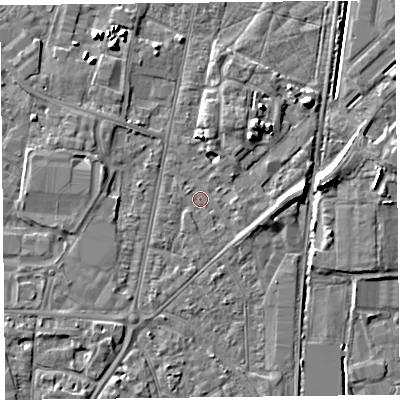 Shaded relief map of the ground around TA64BZ, computed from Environment Agency LiDAR. The ground here sits at about 7 m above sea level and falls 7 m across the surrounding 800 m. Surface water reaching this point runs off ground lying to the east, 2.6 m higher.