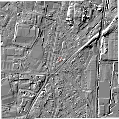 Shaded relief map of the ground around TA64DA, computed from Environment Agency LiDAR. The ground here sits at about 7 m above sea level and falls 7 m across the surrounding 800 m. Surface water reaching this point runs off ground lying to the south-south-west, 0.8 m higher.