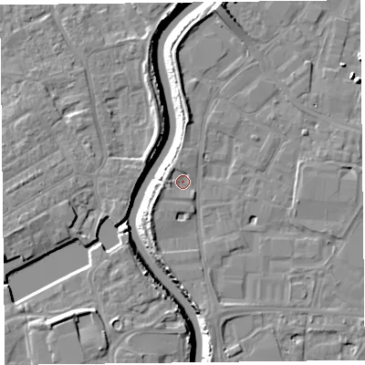 Shaded relief map of the ground around TA64DB, computed from Environment Agency LiDAR. The ground here sits at about 7 m above sea level and falls 11 m across the surrounding 800 m. Surface water reaching this point runs off ground lying to the north-west, 1.5 m higher.