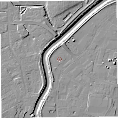 Shaded relief map of the ground around TA64DD, computed from Environment Agency LiDAR. The ground here sits at about 7 m above sea level and falls 11 m across the surrounding 800 m. The ground contributing surface water to this point lies to the south-south-west.