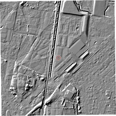 Shaded relief map of the ground around TA64DE, computed from Environment Agency LiDAR. The ground here sits at about 7 m above sea level and falls 7 m across the surrounding 800 m. Surface water reaching this point runs off ground lying to the east-north-east, 0.5 m higher.