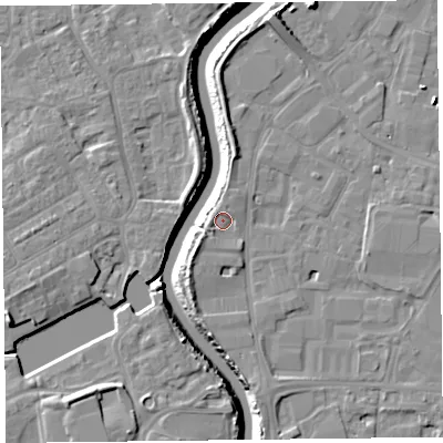 Shaded relief map of the ground around TA64DF, computed from Environment Agency LiDAR. The ground here sits at about 7 m above sea level and falls 11 m across the surrounding 800 m. Surface water reaching this point runs off ground lying to the west-north-west, 1.5 m higher.