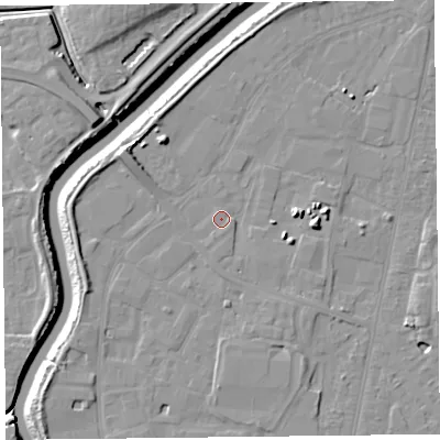 Shaded relief map of the ground around TA64DH, computed from Environment Agency LiDAR. The ground here sits at about 7 m above sea level and falls 10 m across the surrounding 800 m. Surface water reaching this point runs off ground lying to the east, 4.6 m higher.