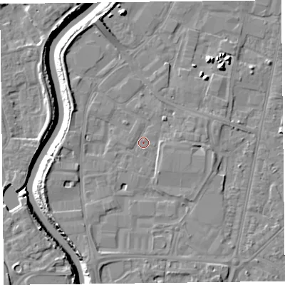 Shaded relief map of the ground around TA64DL, computed from Environment Agency LiDAR. The ground here sits at about 7 m above sea level and falls 10 m across the surrounding 800 m. Surface water reaching this point runs off ground lying to the west-south-west, 3.8 m higher.