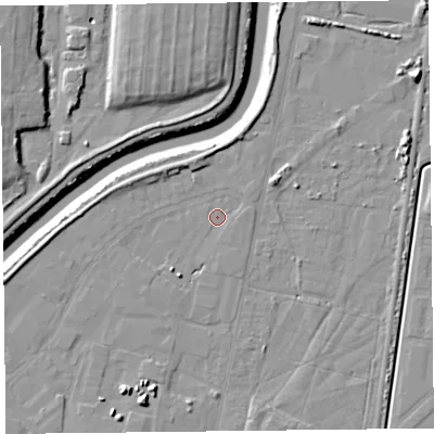 Shaded relief map of the ground around TA64DN, computed from Environment Agency LiDAR. The ground here sits at about 6 m above sea level and falls 11 m across the surrounding 800 m. Surface water reaching this point runs off ground lying to the west, 3.7 m higher.