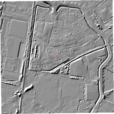 Shaded relief map of the ground around TA64DP, computed from Environment Agency LiDAR. The ground here sits at about 7 m above sea level and falls 8 m across the surrounding 800 m. Surface water reaching this point runs off ground lying to the north-east, 0.5 m higher.