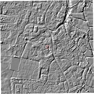 Shaded relief map of the ground around TA64DQ, computed from Environment Agency LiDAR. The ground here sits at about 6 m above sea level and falls 4 m across the surrounding 800 m. Surface water reaching this point runs off ground lying to the south-south-east, 1.1 m higher.