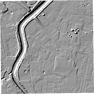 Shaded relief map of the ground around TA64DR, computed from Environment Agency LiDAR. The ground here sits at about 7 m above sea level and falls 10 m across the surrounding 800 m. Surface water reaching this point runs off ground lying to the north-north-west, 4.5 m higher.