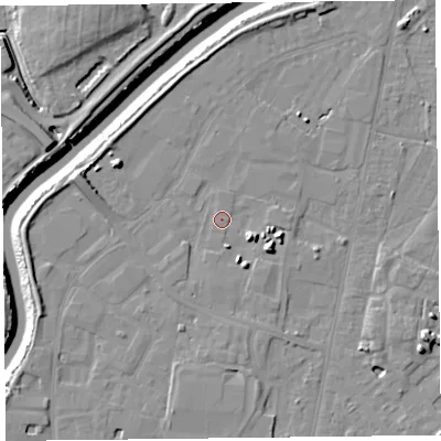 Shaded relief map of the ground around TA64DS, computed from Environment Agency LiDAR. The ground here sits at about 7 m above sea level and falls 11 m across the surrounding 800 m. Surface water reaching this point runs off ground lying to the east-south-east, 4.6 m higher.