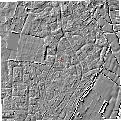 Shaded relief map of the ground around TA64DU, computed from Environment Agency LiDAR. The ground here sits at about 6 m above sea level and falls 6 m across the surrounding 800 m. Surface water reaching this point runs off ground lying to the south-south-west, 0.8 m higher.