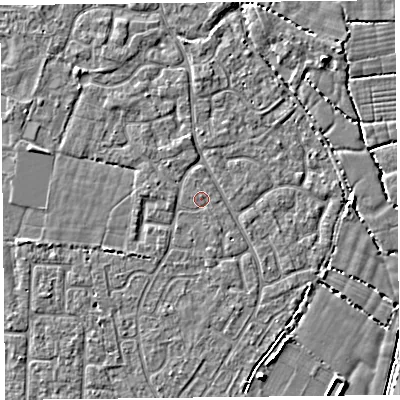 Shaded relief map of the ground around TA64DW, computed from Environment Agency LiDAR. The ground here sits at about 6 m above sea level and falls 6 m across the surrounding 800 m. The ground contributing surface water to this point lies to the north-north-west.