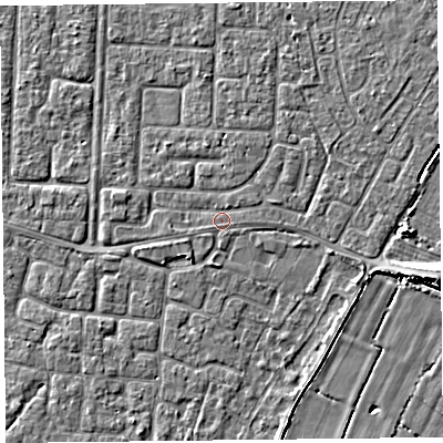 Shaded relief map of the ground around TA64DY, computed from Environment Agency LiDAR. The ground here sits at about 6 m above sea level and falls 5 m across the surrounding 800 m. Surface water reaching this point runs off ground lying to the west, 1.0 m higher.