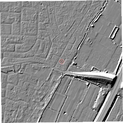 Shaded relief map of the ground around TA64DZ, computed from Environment Agency LiDAR. The ground here sits at about 6 m above sea level and falls 11 m across the surrounding 800 m. Surface water reaching this point runs off ground lying to the south-south-west, 0.6 m higher.
