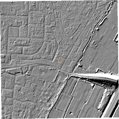 Shaded relief map of the ground around TA64EA, computed from Environment Agency LiDAR. The ground here sits at about 6 m above sea level and falls 10 m across the surrounding 800 m. The ground contributing surface water to this point lies to the north-north-west.