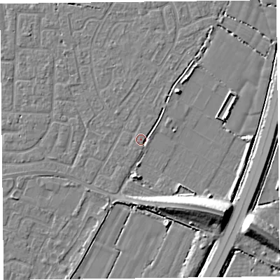 Shaded relief map of the ground around TA64EB, computed from Environment Agency LiDAR. The ground here sits at about 6 m above sea level and falls 11 m across the surrounding 800 m. Surface water reaching this point runs off ground lying to the west, 2.2 m higher.