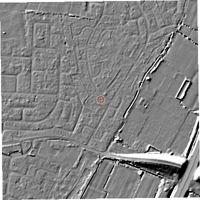 Shaded relief map of the ground around TA64ED, computed from Environment Agency LiDAR. The ground here sits at about 6 m above sea level and falls 11 m across the surrounding 800 m. Surface water reaching this point runs off ground lying to the north-north-west, 0.6 m higher.
