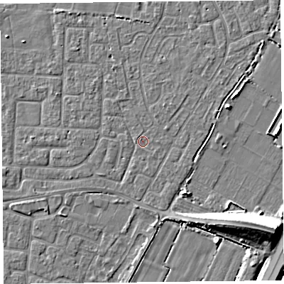 Shaded relief map of the ground around TA64EE, computed from Environment Agency LiDAR. The ground here sits at about 6 m above sea level and falls 11 m across the surrounding 800 m. Surface water reaching this point runs off ground lying to the west-south-west, 1.4 m higher.