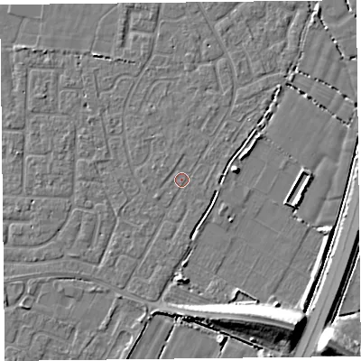 Shaded relief map of the ground around TA64EF, computed from Environment Agency LiDAR. The ground here sits at about 6 m above sea level and falls 11 m across the surrounding 800 m. Surface water reaching this point runs off ground lying to the west, 1.1 m higher.