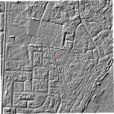 Shaded relief map of the ground around TA64EG, computed from Environment Agency LiDAR. The ground here sits at about 6 m above sea level and falls 5 m across the surrounding 800 m. The ground contributing surface water to this point lies to the north-east.