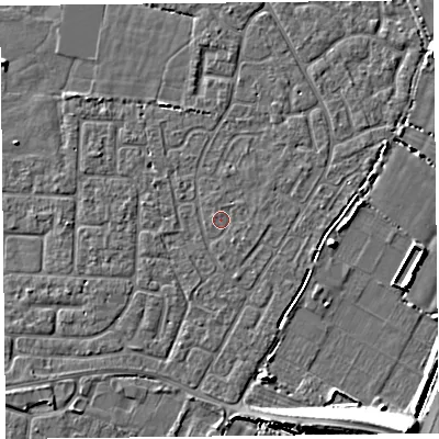 Shaded relief map of the ground around TA64EH, computed from Environment Agency LiDAR. The ground here sits at about 6 m above sea level and falls 11 m across the surrounding 800 m. The ground contributing surface water to this point lies to the south-east.