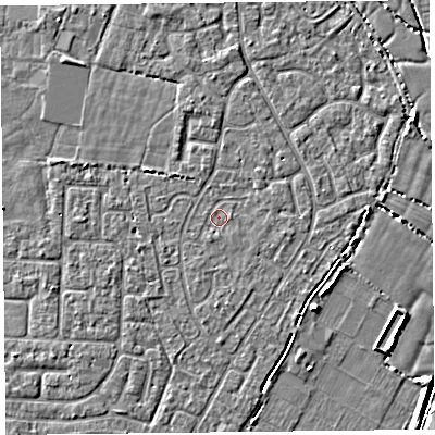 Shaded relief map of the ground around TA64EJ, computed from Environment Agency LiDAR. The ground here sits at about 6 m above sea level and falls 6 m across the surrounding 800 m. Surface water reaching this point runs off ground lying to the south-south-west, 0.8 m higher.