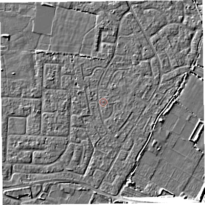 Shaded relief map of the ground around TA64EL, computed from Environment Agency LiDAR. The ground here sits at about 6 m above sea level and falls 8 m across the surrounding 800 m. Surface water reaching this point runs off ground lying to the south-west, 0.6 m higher.