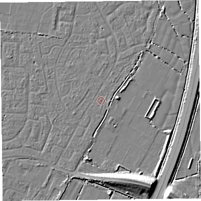 Shaded relief map of the ground around TA64EN, computed from Environment Agency LiDAR. The ground here sits at about 6 m above sea level and falls 11 m across the surrounding 800 m. The ground contributing surface water to this point lies to the north-north-east.