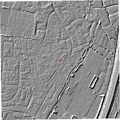 Shaded relief map of the ground around TA64EP, computed from Environment Agency LiDAR. The ground here sits at about 6 m above sea level and falls 6 m across the surrounding 800 m. Surface water reaching this point runs off ground lying to the north-east, 0.5 m higher.