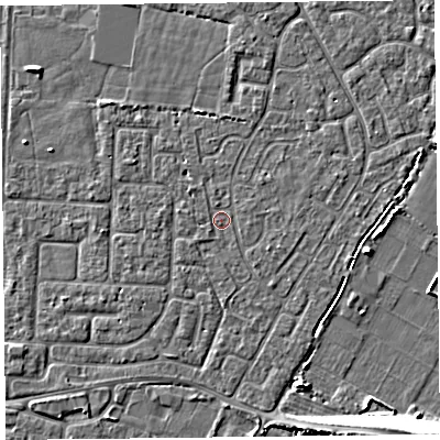 Shaded relief map of the ground around TA64EQ, computed from Environment Agency LiDAR. The ground here sits at about 6 m above sea level and falls 9 m across the surrounding 800 m. Surface water reaching this point runs off ground lying to the south-west, 0.6 m higher.