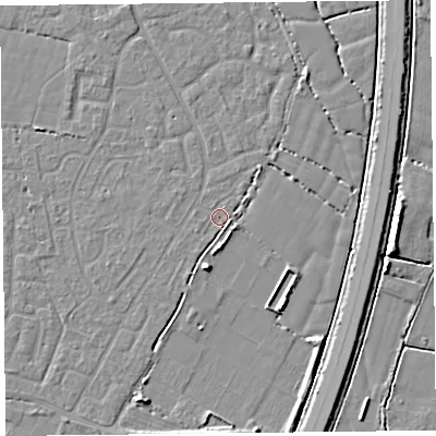 Shaded relief map of the ground around TA64ER, computed from Environment Agency LiDAR. The ground here sits at about 6 m above sea level and falls 6 m across the surrounding 800 m. Surface water reaching this point runs off ground lying to the south-south-west, 2.0 m higher.