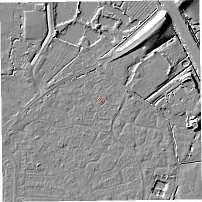 Shaded relief map of the ground around TA64ES, computed from Environment Agency LiDAR. The ground here sits at about 6 m above sea level and falls 11 m across the surrounding 800 m. Surface water reaching this point runs off ground lying to the north-north-east, 2.9 m higher.