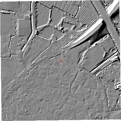 Shaded relief map of the ground around TA64ET, computed from Environment Agency LiDAR. The ground here sits at about 6 m above sea level and falls 11 m across the surrounding 800 m. Surface water reaching this point runs off ground lying to the east-north-east, 2.0 m higher.