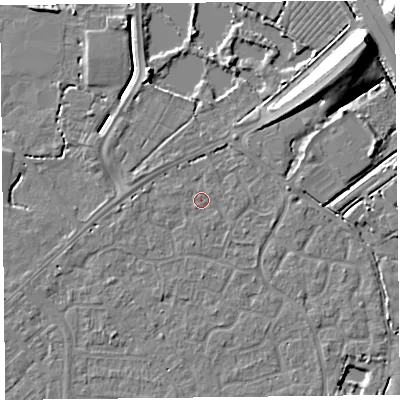 Shaded relief map of the ground around TA64EU, computed from Environment Agency LiDAR. The ground here sits at about 6 m above sea level and falls 10 m across the surrounding 800 m. Surface water reaching this point runs off ground lying to the north-east, 2.9 m higher.