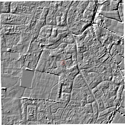 Shaded relief map of the ground around TA64EW, computed from Environment Agency LiDAR. The ground here sits at about 6 m above sea level and falls 4 m across the surrounding 800 m. Surface water reaching this point runs off ground lying to the north-west, 0.8 m higher.