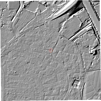 Shaded relief map of the ground around TA64EY, computed from Environment Agency LiDAR. The ground here sits at about 6 m above sea level and falls 10 m across the surrounding 800 m. Surface water reaching this point runs off ground lying to the north, 2.9 m higher.