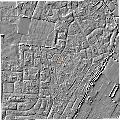 Shaded relief map of the ground around TA64EZ, computed from Environment Agency LiDAR. The ground here sits at about 6 m above sea level and falls 5 m across the surrounding 800 m. Surface water reaching this point runs off ground lying to the west-south-west, 1.2 m higher.