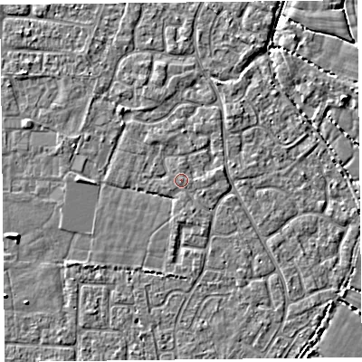 Shaded relief map of the ground around TA64FA, computed from Environment Agency LiDAR. The ground here sits at about 6 m above sea level and falls 4 m across the surrounding 800 m. Surface water reaching this point runs off ground lying to the north-north-west, 1.1 m higher.
