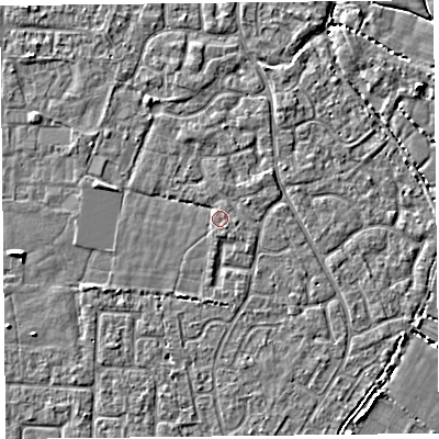 Shaded relief map of the ground around TA64FB, computed from Environment Agency LiDAR. The ground here sits at about 6 m above sea level and falls 4 m across the surrounding 800 m. Surface water reaching this point runs off ground lying to the west-north-west, 1.6 m higher.