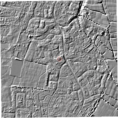 Shaded relief map of the ground around TA64FD, computed from Environment Agency LiDAR. The ground here sits at about 6 m above sea level and falls 4 m across the surrounding 800 m. Surface water reaching this point runs off ground lying to the north-east, 0.6 m higher.