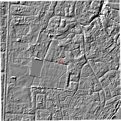 Shaded relief map of the ground around TA64FE, computed from Environment Agency LiDAR. The ground here sits at about 6 m above sea level and falls 3 m across the surrounding 800 m. Surface water reaching this point runs off ground lying to the west, 1.6 m higher.