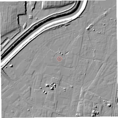 Shaded relief map of the ground around TA64FF, computed from Environment Agency LiDAR. The ground here sits at about 7 m above sea level and falls 11 m across the surrounding 800 m. Surface water reaching this point runs off ground lying to the north-north-east, 3.5 m higher.