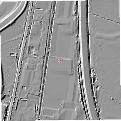 Shaded relief map of the ground around TA64FG, computed from Environment Agency LiDAR. The ground here sits at about 7 m above sea level and falls 7 m across the surrounding 800 m. Surface water reaching this point runs off ground lying to the east, 1.2 m higher.