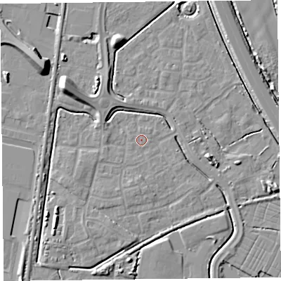 Shaded relief map of the ground around TA64FH, computed from Environment Agency LiDAR. The ground here sits at about 7 m above sea level and falls 10 m across the surrounding 800 m. Surface water reaching this point runs off ground lying to the north-east, 2.5 m higher.