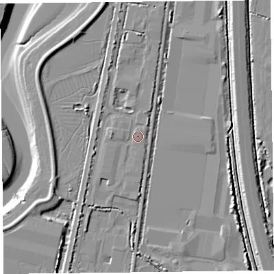 Shaded relief map of the ground around TA64FJ, computed from Environment Agency LiDAR. The ground here sits at about 8 m above sea level and falls 9 m across the surrounding 800 m. Surface water reaching this point runs off ground lying to the west, 1.5 m higher.