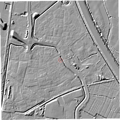 Shaded relief map of the ground around TA64FL, computed from Environment Agency LiDAR. The ground here sits at about 6 m above sea level and falls 10 m across the surrounding 800 m. Surface water reaching this point runs off ground lying to the west-north-west, 4.1 m higher.