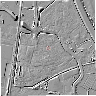 Shaded relief map of the ground around TA64FN, computed from Environment Agency LiDAR. The ground here sits at about 7 m above sea level and falls 10 m across the surrounding 800 m. Surface water reaching this point runs off ground lying to the south-south-west, 0.6 m higher.