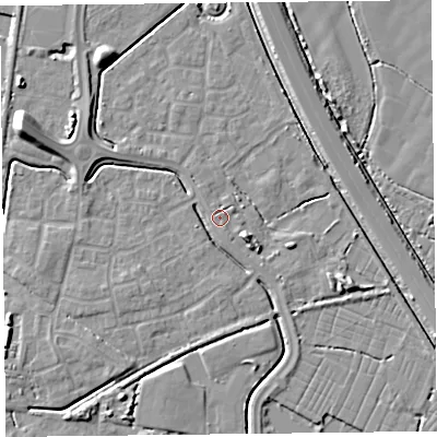 Shaded relief map of the ground around TA64FP, computed from Environment Agency LiDAR. The ground here sits at about 7 m above sea level and falls 9 m across the surrounding 800 m. Surface water reaching this point runs off ground lying to the west-north-west, 4.1 m higher.